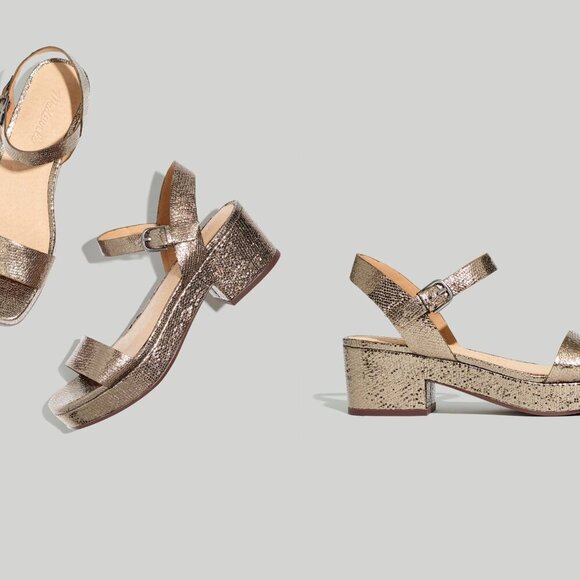 Madewell The Lina Low Platform Sandal Size 11 Gold Metallic Crinkled Leather